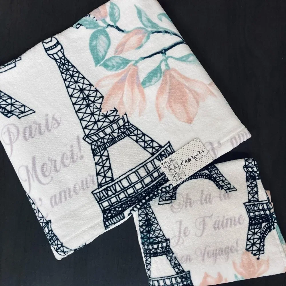 Paris Eiffel Tower French Floral Bath & Hand Towel Set